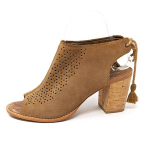 Toms Shoes Womens 9 Heels Elba Tan Leather Suede Booties Tie Cork Open Toe